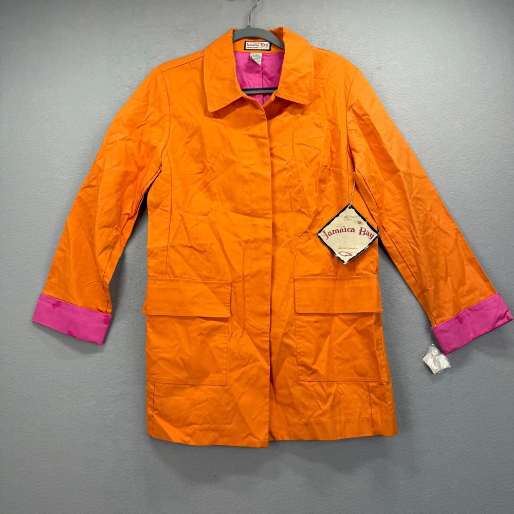 Jamaica Bay Trench Coat Womens Small Orange Pink Pineapple Trim Jacket NWT NEW